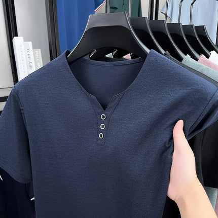 New Men's Casual and Fashionable Three Button V-neck Solid Color Short Sleeved T-shirt Summer Versatile Top PlatiNum
