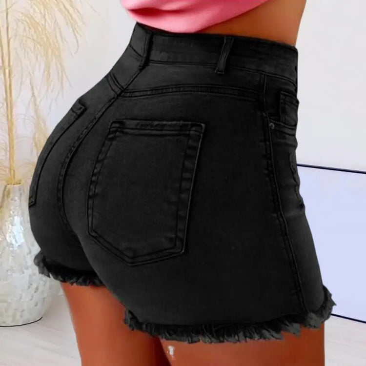 2025 Pantaloncini da donna con bordo strappato effetto consumato retrò Vita alta lavati Tasche later