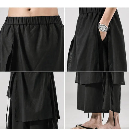 Pantaloni da uomo irregolari in cotone e lino, stile Harajuku, a gamba larga, tinta unita, casual, con elastico in vita, vestibilità ampia, stile punk