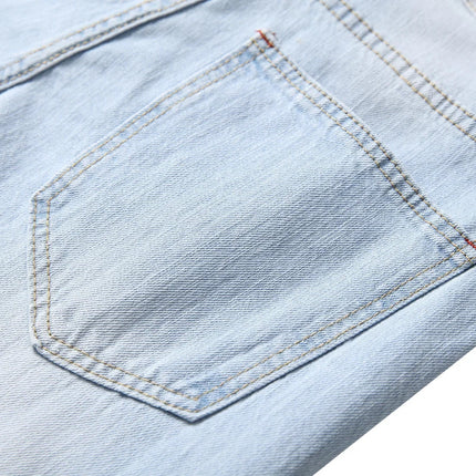 Casual Men's Light Blue Denim Jeans Ripped Straight Leg Slim Fit Non-Elastic Torn Casual Style Chinese Production PlatiNum
