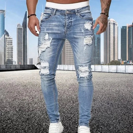 2024 New Retro Ripped Pencil Small Foot Skinny Jeans for Men Motorcycle Streetwear Stretch Straight Casual Slim Jeans Male PlatiNum