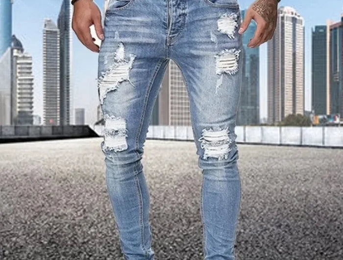 2024 New Retro Ripped Pencil Small Foot Skinny Jeans for Men Motorcycle Streetwear Stretch Straight Casual Slim Jeans Male PlatiNum
