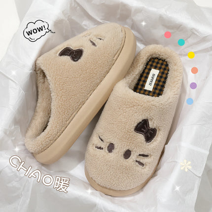 Cute Cat Winter Warm Slippers Women Men Fluffy Plush Home Shoes Red Bowknot Plaid Lining Indoor Bedroom Cotton Slides Mules New