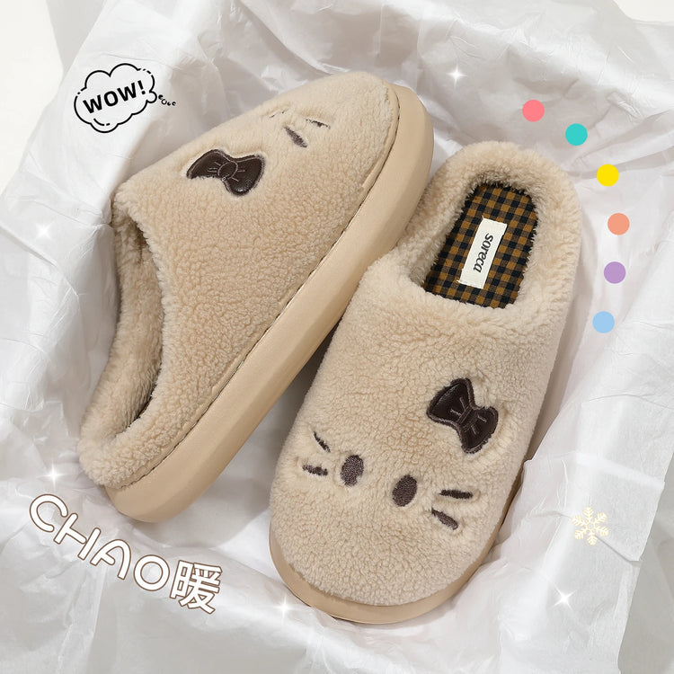 Cute Cat Winter Warm Slippers Women Men Fluffy Plush Home Shoes Red Bowknot Plaid Lining Indoor Bedroom Cotton Slides Mules New