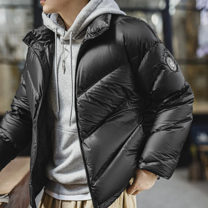 Maden Men's 90% White Duck Down Jacket Black Stand Collar Short Quilted Puffer Jacket Thermal Coat for Winter Streetwear