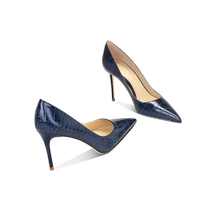 2025 New Blue Crocodile Leather High Heels Women Pointed Toe Stiletto Elegant Office Shoes