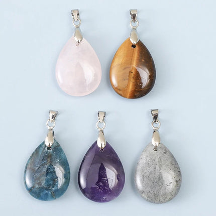 New Fashion Natural Stone Crystal Pendant Teardrop Simple Pendant Necklace Earrings Making Jewelry With Chain collar PlatiNum