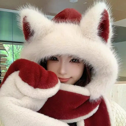 Women's Hat Beanie Balaclava Winter Cap Winter Women's Cute Thickened Fox Plush Hat Scarf Glove Three-in-one Cycling Warmth