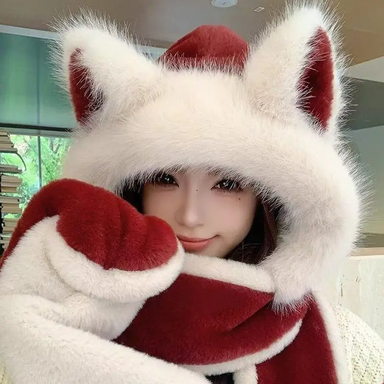 Women's Hat Beanie Balaclava Winter Cap Winter Women's Cute Thickened Fox Plush Hat Scarf Glove Three-in-one Cycling Warmth
