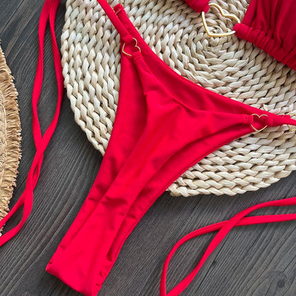 Costume da bagno bikini sexy da donna a tinta unita, due pezzi, rosso platinumshop