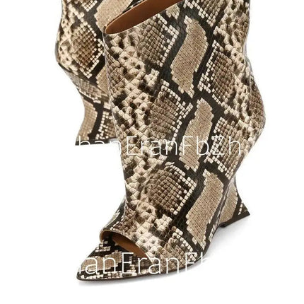 2025Ladies' Spring and Summer New Fish Mouth Slope High Heel Knee Boots, Fashionable Pointed Fashion Show Medium Cool Boots PlatiNum