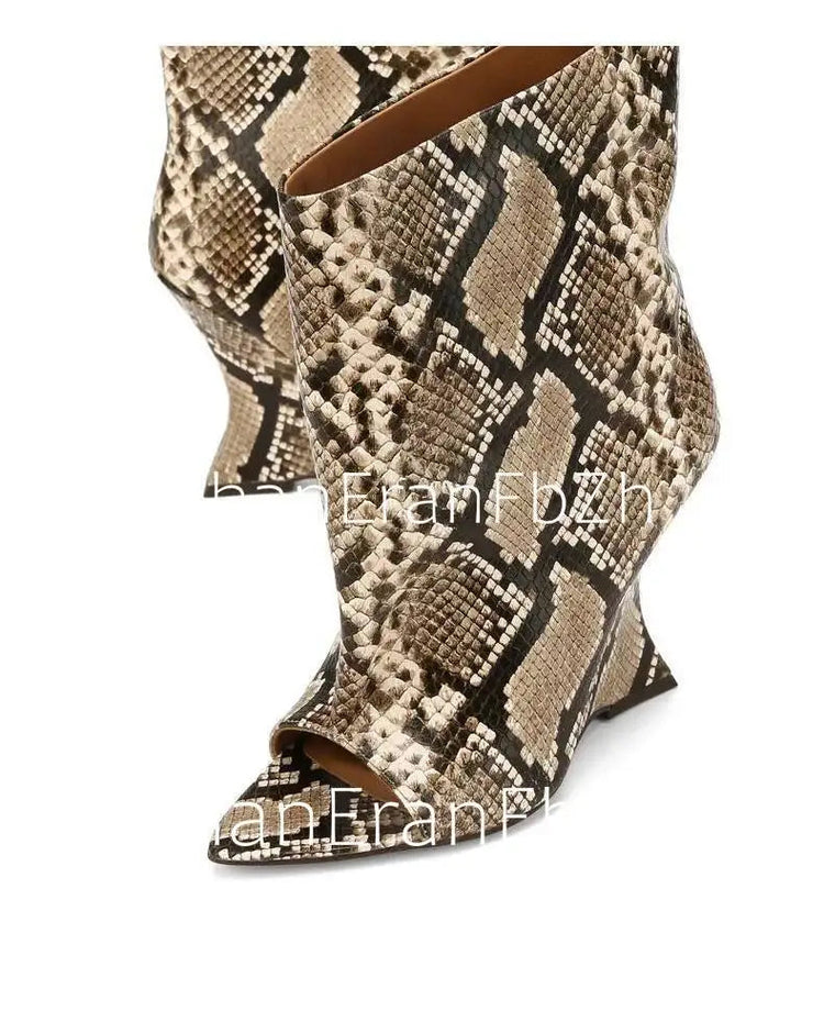 2025Ladies' Spring and Summer New Fish Mouth Slope High Heel Knee Boots, Fashionable Pointed Fashion Show Medium Cool Boots PlatiNum
