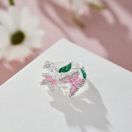 Aesthetic Flower Butterfly Rings for Female Romantic Rhinestone Stylish Non-fading Opening Ring Women Wedding Jewelry Party Gift PlatiNum