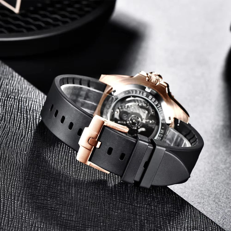 Orologio Automatico Meccanico da Uomo PAGANI DESIGN, Cassa in Oro Rosa, Cinturino in Gomma Nera, Orologio Subacqueo, Vetro Zaffiro, Impermeabile 100M, Luminoso, Data, Orologio Sportivo da Polso da Uomo, Relogio Masculino