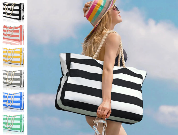 Striped zip-up outdoor travel and vacation bag, waterproof and sand-resistant canvas, convenient foldable beach bag-zmt