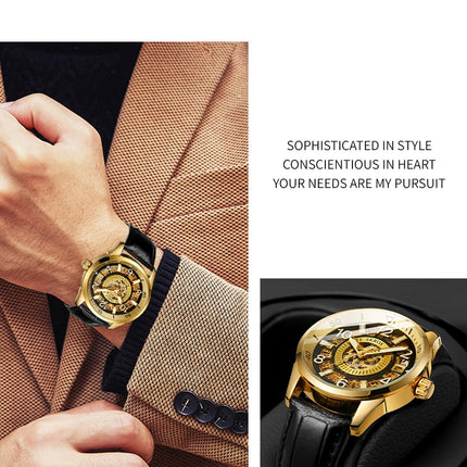 SKROX Original Gold Skeleton Automatic Movement Men's Watch Mechanical Waterproof Male Wrist Watches Leather Strap Luxury Clock