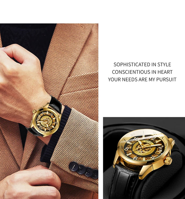 SKROX Original Gold Skeleton Automatic Movement Men's Watch Mechanical Waterproof Male Wrist Watches Leather Strap Luxury Clock