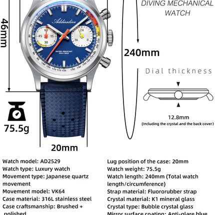 ADDIESDIVE New Men Watch 38mm VK64 Chronograph Fluororubber Luxury Domed Glass BGW9 Luminous 100m Waterproof Quartz Wristwatch