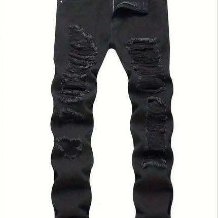 Single piece of trendy streetwear: straight-cut ripped denim jeans in black. PlatiNum