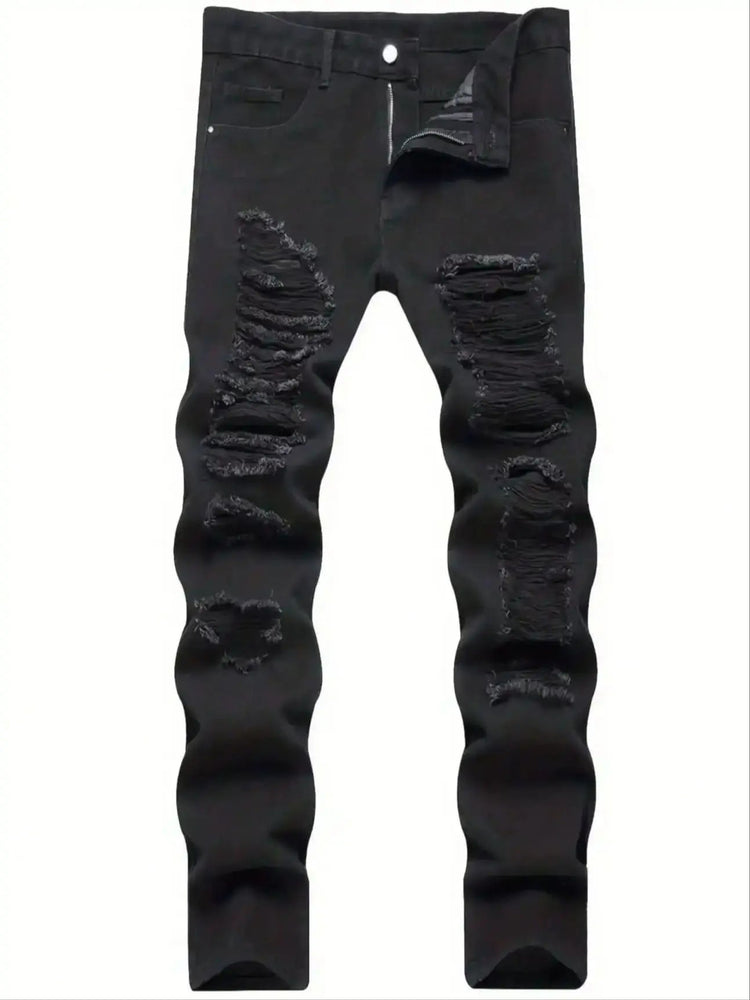 Single piece of trendy streetwear: straight-cut ripped denim jeans in black. PlatiNum