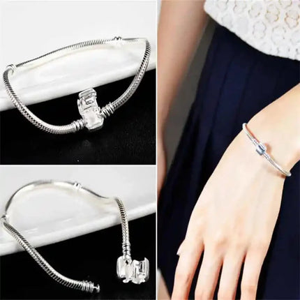 Famous Brand Original Certified 925 Sterling Silver Bracelet for Women DIY Charms Beads Snake Link Chain Classic Wrist Jewelry PlatiNum