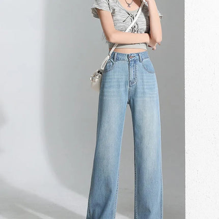 Jeans da donna in seta ghiaccio, nuovi, estivi 2026, in denim sottile e morbido, a gamba dritta e larga, modello baggy, versatili, blu ﻿