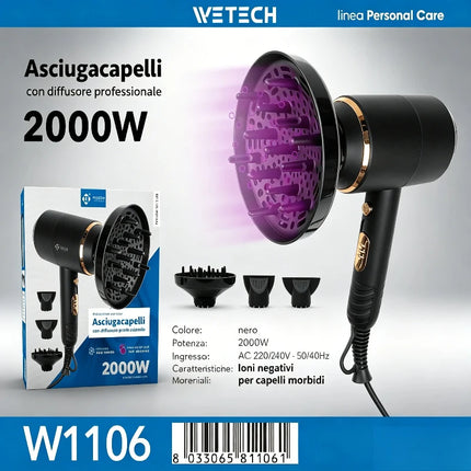 2000W Ionic Hair Blow Dryer With Professional Diffuser & Concentrator Nozzles Quick Dry Hair Care Styling Tool for Home Salon