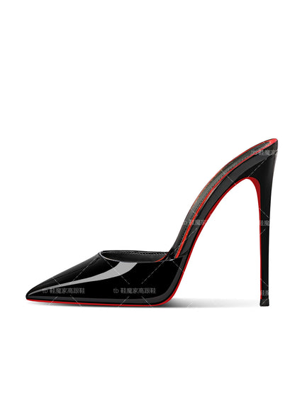 2025 New Black Baotou Sandals for Women, Pointed High Heels,Ultra fine Heels,One Word Back Empty Half Slippers for External Wear