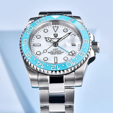TOP PAGANI DESIGN PD1662 GMT Orologio meccanico automatico da uomo Cinturino in acciaio inossidabile Anello in ceramica blu Quadrante bianco Resistente all'acqua fino a 100 m Orologi da polso sportivi da uomo luminosi per uom