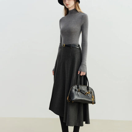 ZIQIAO 2025 Winter Women's High Waist A-Line Midi Skirt Asymmetrical Seam Design - Unique Cutout Detail for Casual Office Wear PlatiNum
