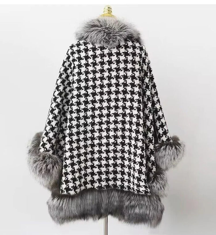 ZADORIN Autumn Winter Luxury Faux Fur Coat Women Elegant Houndstooth Tweed Warm Big Poncho Fur Shawl Cape Women Party Outerwear