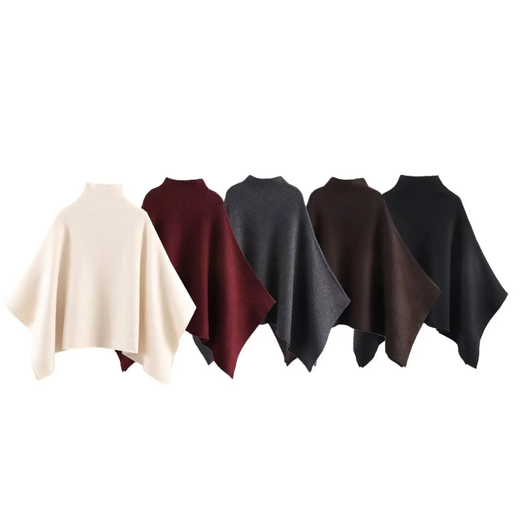 HH Women's New Fashion Versatile Solid Stand Collar Knitted Cape Coat Female Casual High Street Asymmetric 3-Colors Jacket Mujer