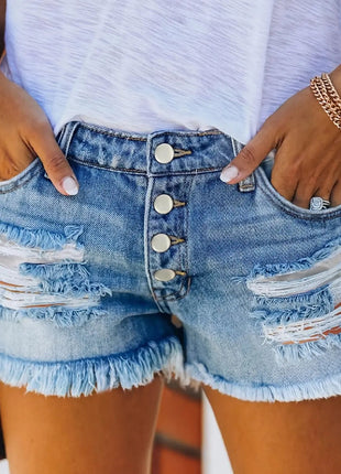 Summer New Women High Waist Blue Denim Shorts Button Front Faded Light Blue Elegant Short Jeans Suitable for Office Casual Dates PlatiNum