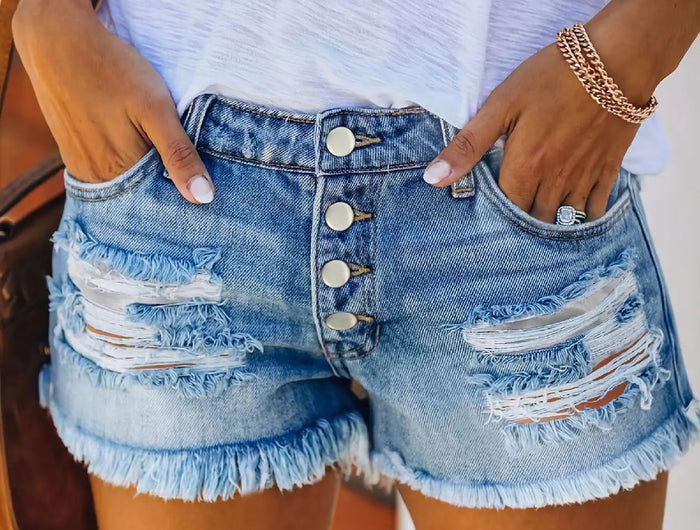 Summer New Women High Waist Blue Denim Shorts Button Front Faded Light Blue Elegant Short Jeans Suitable for Office Casual Dates PlatiNum