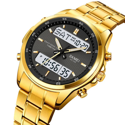 Skmei orologio da polso analogico al quarzo da uomo cinturino in acciaio inossidabile di lusso Led impermeabile digitale sportivo sveglia a tre fusi orari platinumshop