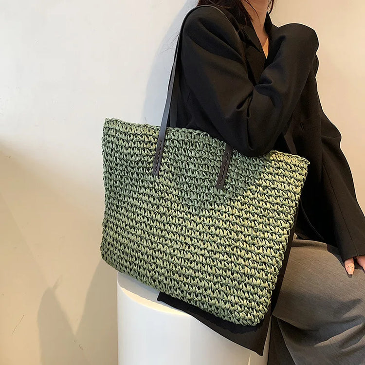 Borsa da donna Borsa da spiaggia estiva Borsa da spiaggia in rattan intrecciata a mano in paglia lavorata a maglia di grande capacità Borsa a tracolla da donna in pelle Bohemia Nuovo