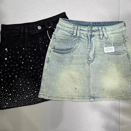 Schwarzer Y2K A-Linien-Jeansrock, Retro-Design, Shaping-Effekt, mit Sternen-Strasssteinen, neue Sommerkollektion 2026 für Damen
