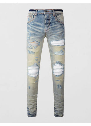 Designer High Street Fashion New Light Blue Men's Jeans Stretch Slimming White Leather Patch Hip Hop Brand Pants HombreY2K PlatiNum