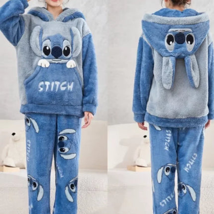 Anime Stitch Pajamas Cute Winter Flannel Thick Sleepwear Set Couple Homewear Warm Comfortable Windproof Long Sleeved Pants Gift