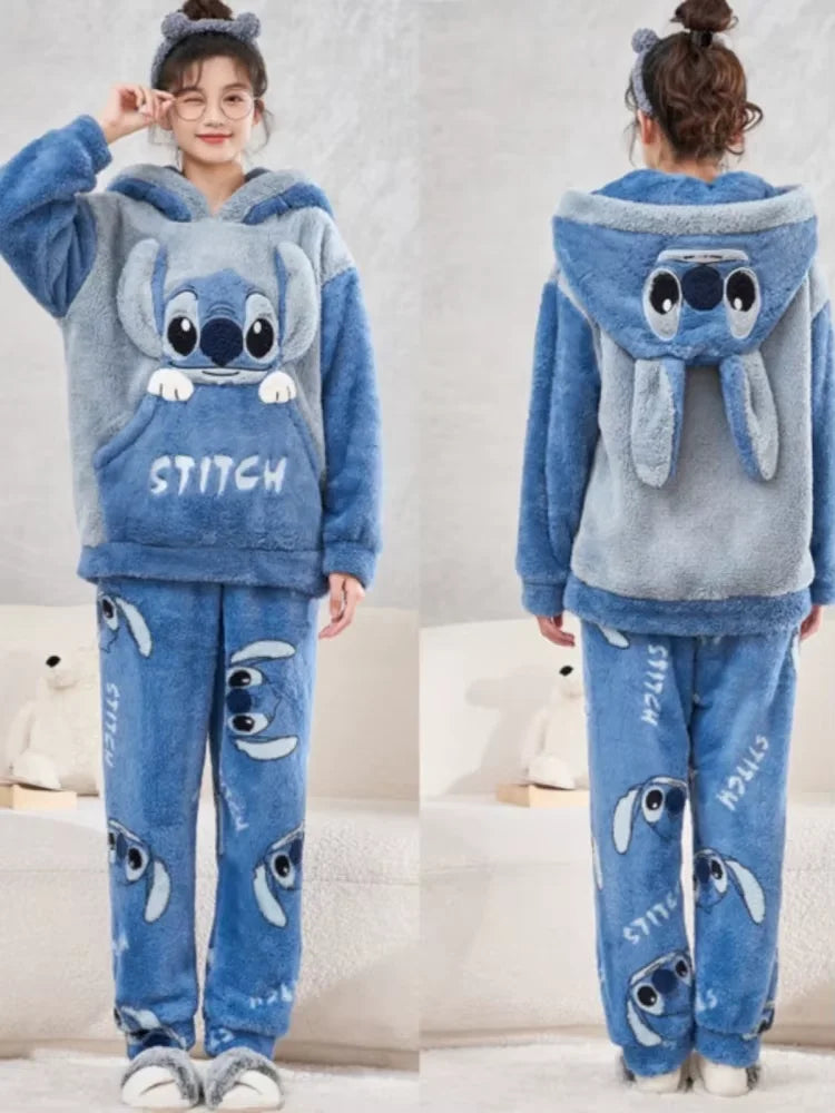 Anime Stitch Pajamas Cute Winter Flannel Thick Sleepwear Set Couple Homewear Warm Comfortable Windproof Long Sleeved Pants Gift