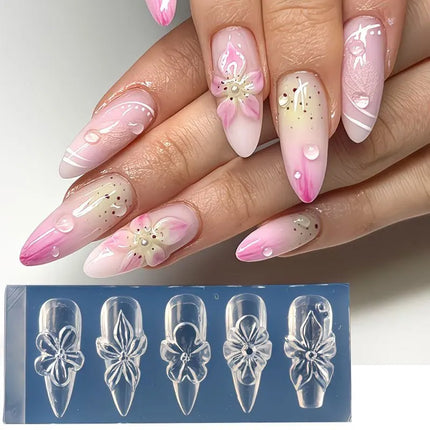 3D Flower Silicone Nail Mold Lily & Hibiscus Petals Carving Template Gel Polish Stencils for Spring Summer Manicure Decor 2027