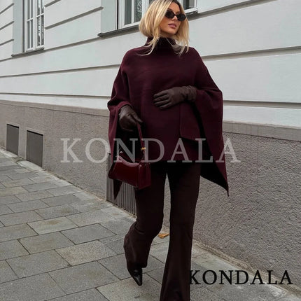 KONDALA Stand-up Collar Knitted Cape Coat High Street Casual Loose Cape 2025 Fall Winter Fashion Elegant Streetwear Lady Cape
