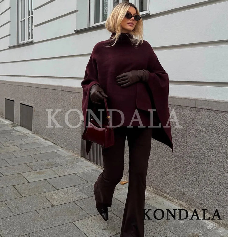 KONDALA Stand-up Collar Knitted Cape Coat High Street Casual Loose Cape 2025 Fall Winter Fashion Elegant Streetwear Lady Cape
