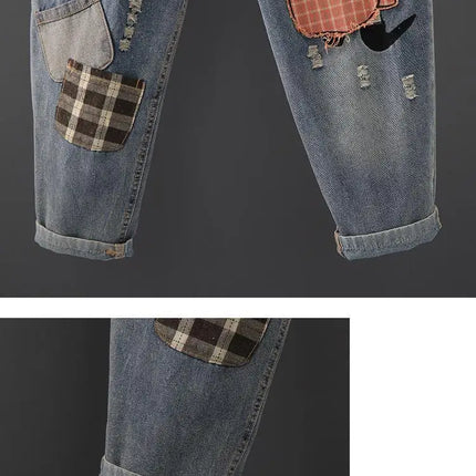 Primavera nuova corea moda Patch disegni cartone animato ricamo Jeans larghi da donna vita elastica pantaloni Casual in Denim di cotone Harem V987