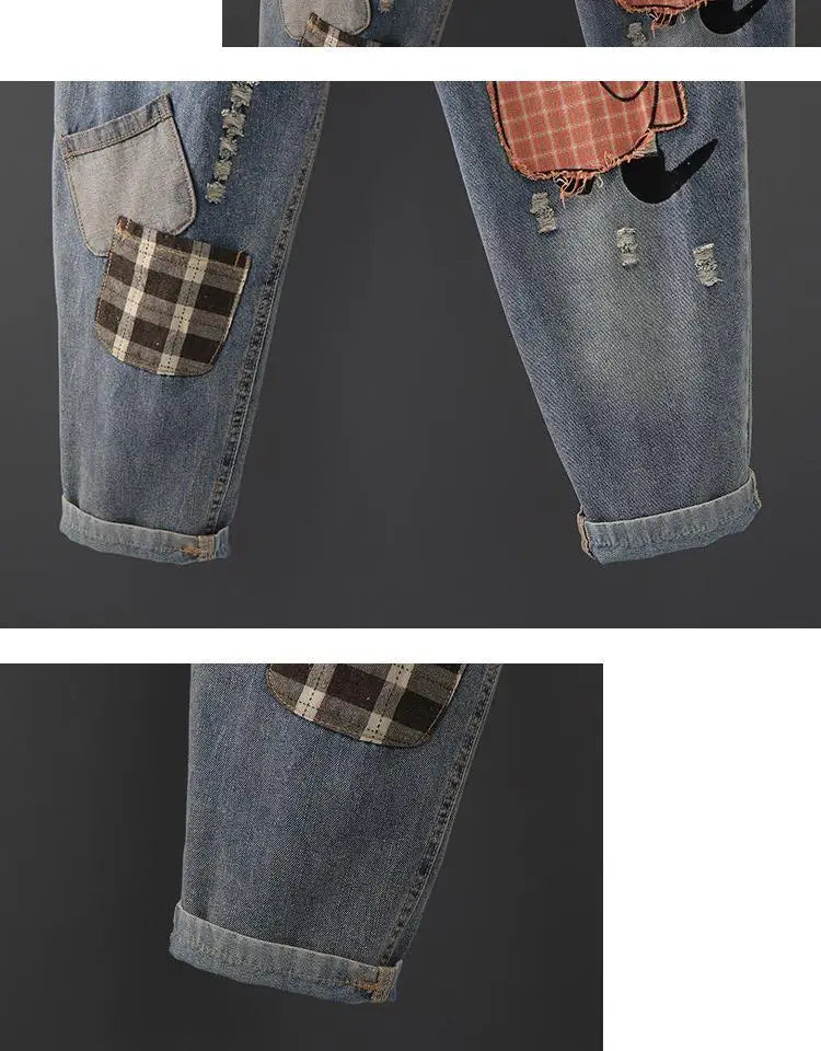 Primavera nuova corea moda Patch disegni cartone animato ricamo Jeans larghi da donna vita elastica pantaloni Casual in Denim di cotone Harem V987