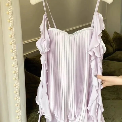 Women's Sexy Soft Chiffon Silk Nightgown with Straps and Pleats, Off-Shoulder Lingerie with Puff Sleeves and Ruched Details, 2026 Collection