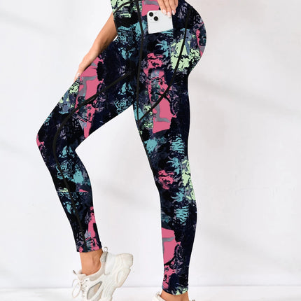 Printed women's high waistband pocket fitness pants paired with tight abdominal yoga pants, suitable for running, hiking, and sp PlatiNum