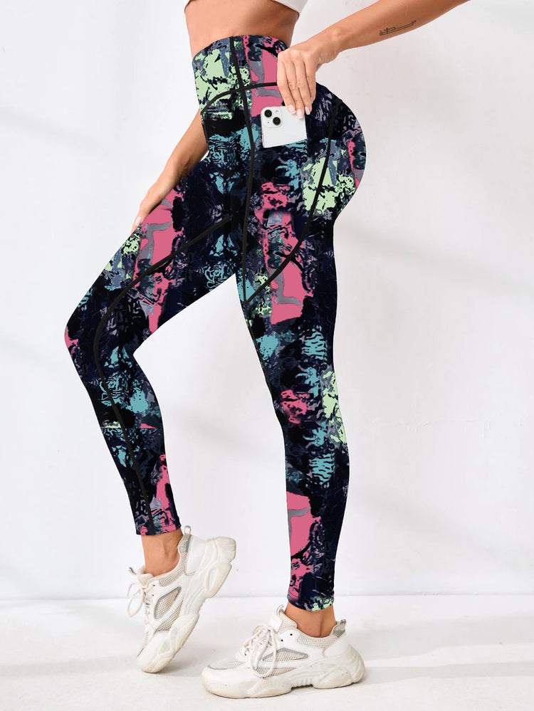 Printed women's high waistband pocket fitness pants paired with tight abdominal yoga pants, suitable for running, hiking, and sp PlatiNum