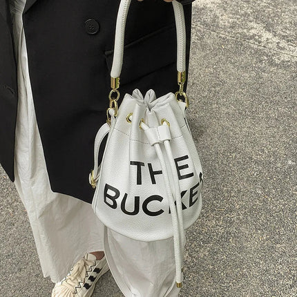 Spring New Fashion Letter PU Leather Bucket Bag Women Simple City Style Shoulder Handbag Trendy Crossbody Satchel Handbag PlatiNum