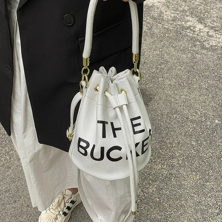 Spring New Fashion Letter PU Leather Bucket Bag Women Simple City Style Shoulder Handbag Trendy Crossbody Satchel Handbag PlatiNum